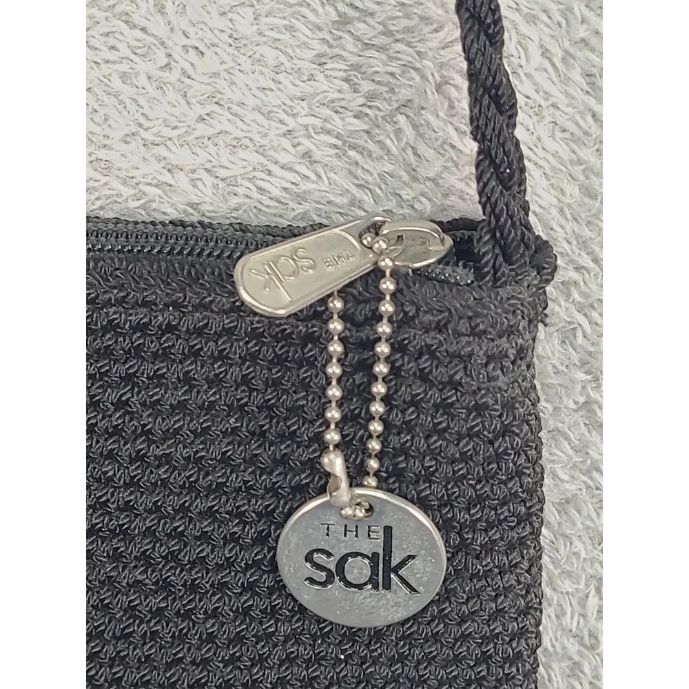 The Sak Black Crochet Crossbody Bag‎ Small Woven Zippered Purse Braided Strap